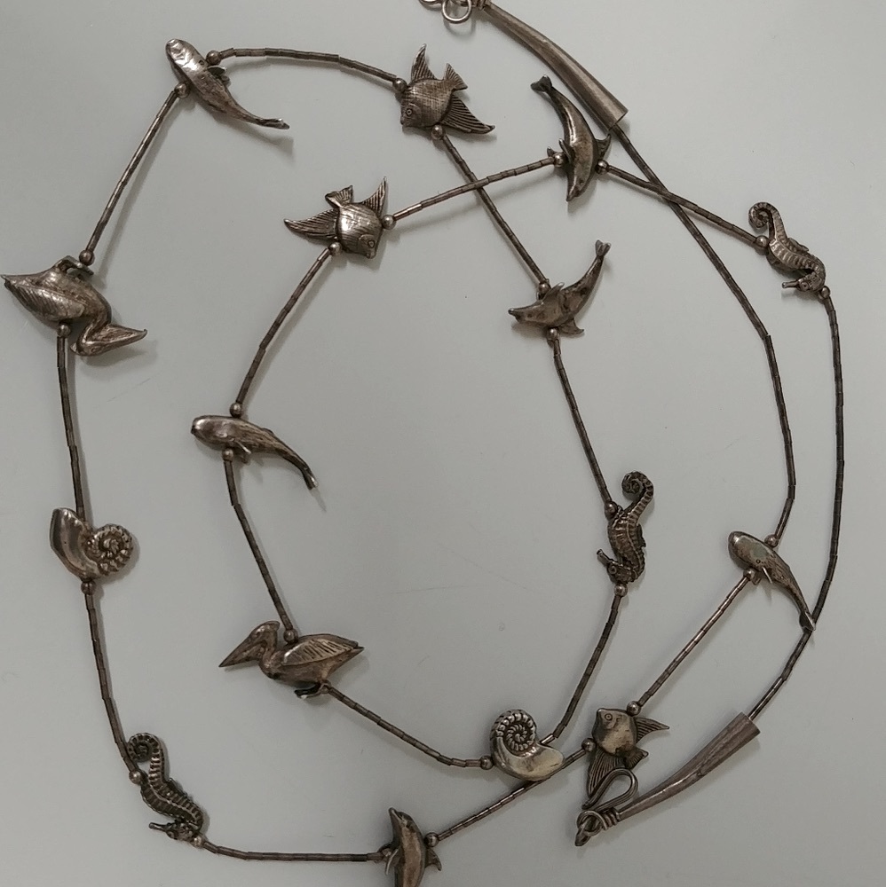 Vtg Sterling Silver Fetish Necklace Sea Creatures Charms